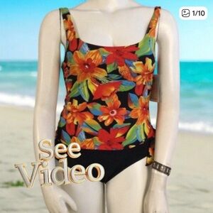 👛 2/$20 ISLAND PEARLS One Piece Black Tropical Swimsuit, 10